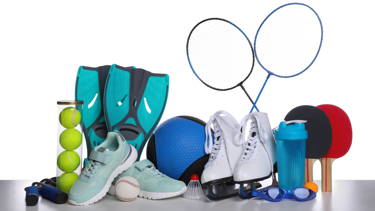 Photo of different sport promotional products on white background